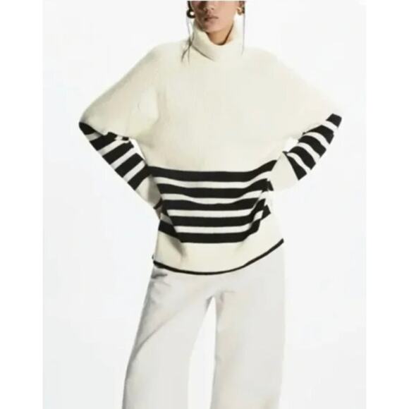 COS Sz XS Ivory Navy Blue Stripe Pullover Turtleneck Roll Neck Sweater - Picture 11 of 11